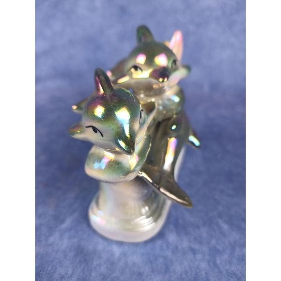 Iridescent Dolphin Family With Rainbow Splashing Waves Ceramic Figurine - Picture 3 of 8